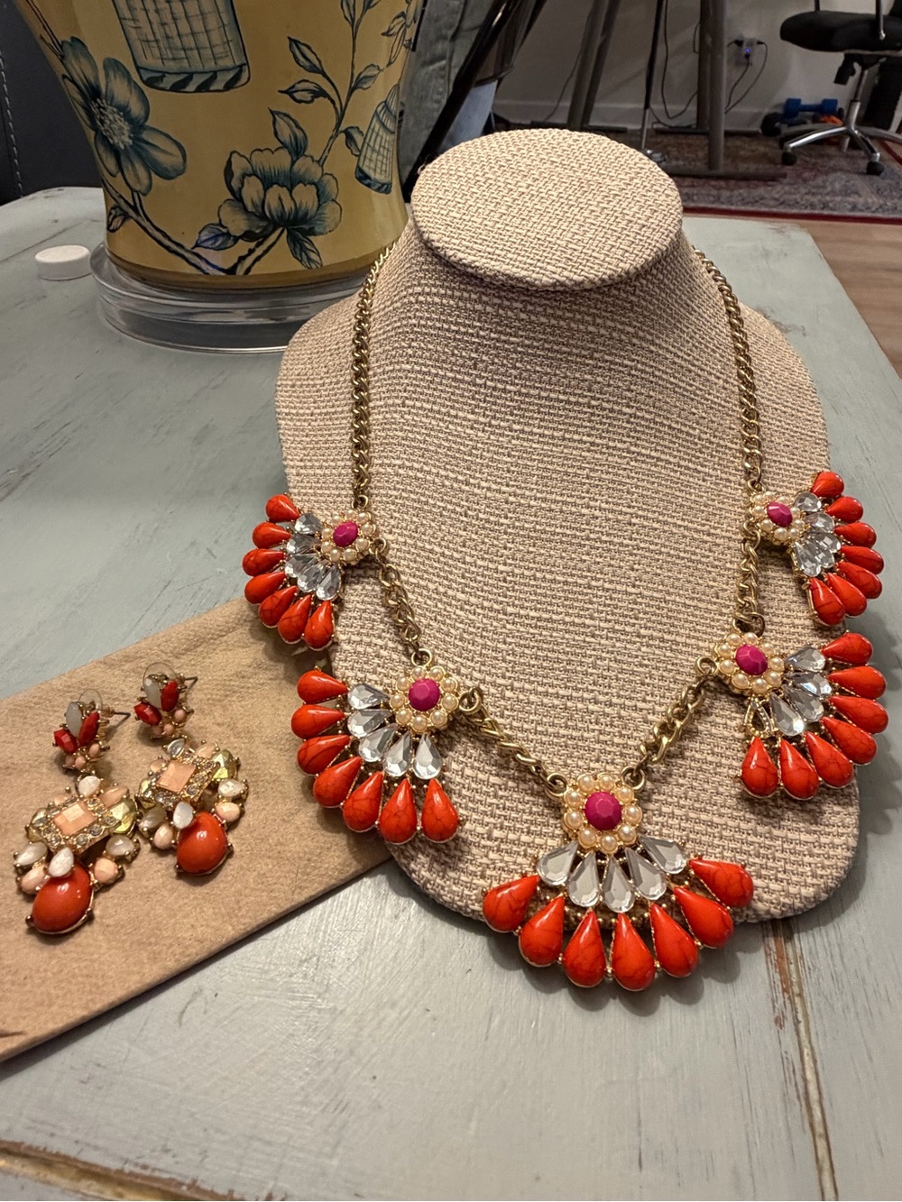 Gold-Tone Statement Necklace with Coral and Pink Accents